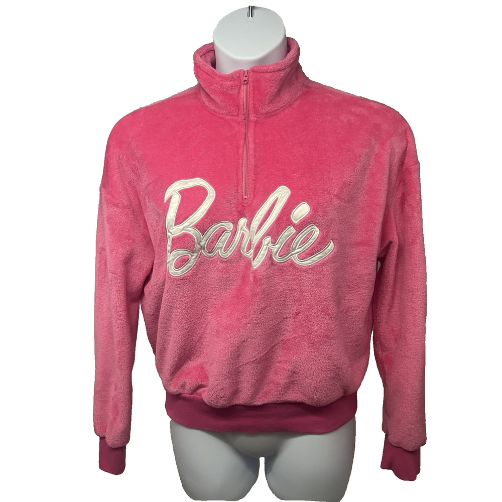Barbie Hot Pink Embroidered Spell Out Velour 1/4 Zip Pullover Top Shirt Medium